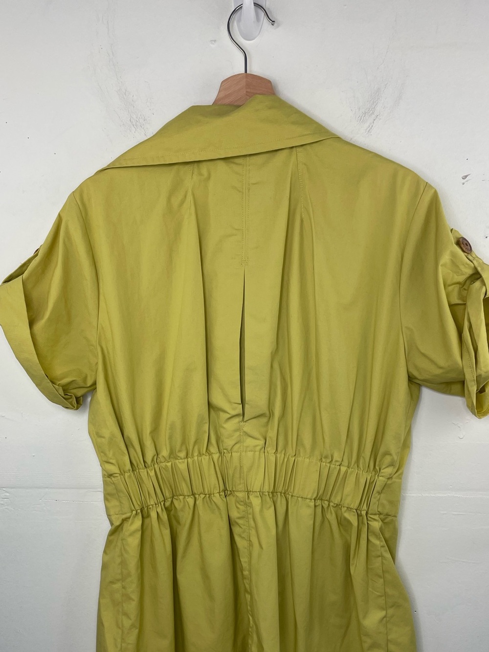 Cabi Loaquat Safari Trench Coat Dress Pockets Yellow Green Size Large Cotton - Picture 9 of 15